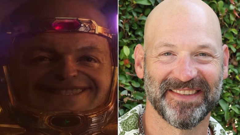 Corey Stoll as M.O.D.O.K. in "Ant-Man & the Wasp: Quantumania"/Corey Stoll smiling wearing a green and white floral patterned collared shirt