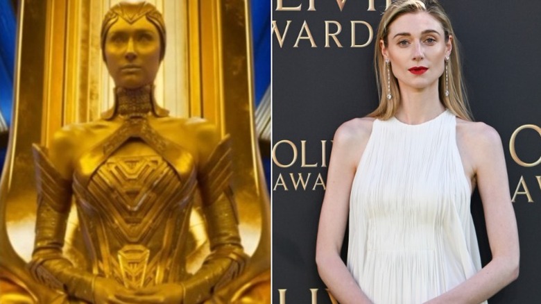Split image of Elizabeth Debicki as Ayesha and Elizabeth Debicki posing