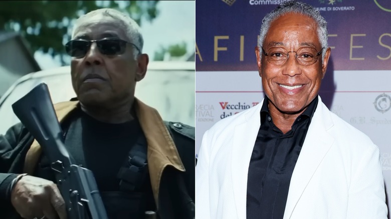 Giancarlo Esposito as Sidewinder in "Captain America: Brave New World" / Giancarlo Esposito wearing transparent glasses, a white blazer, and a black collared shirt while smiling