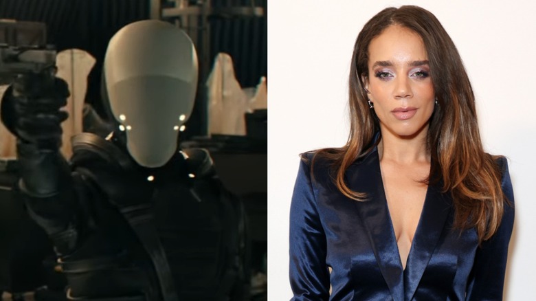 Hannah John-Kamen as Ghost in "Thunderbolts" / Hannah John-Kamen wearing a blue deep cut blazer and a smoky eye look
