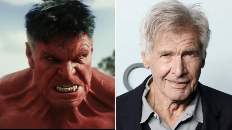 Harrison Ford as the Red Hulk in "Captain America: Brave New World" / Harrison Ford wearing a dark blue jacket and light grey button down shirt while smiling