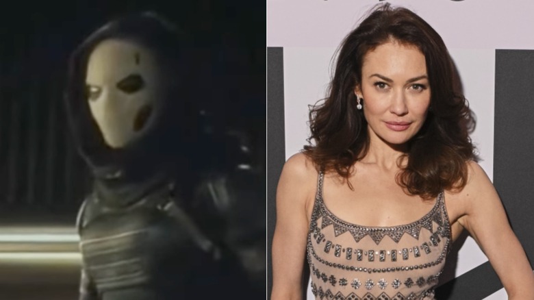 Olga Kurylenko as Taskmaster in "Thunderbolts" / Olga Kurylenko wearing a silver patterned gown with a flesh toned bodice with silver embellishments