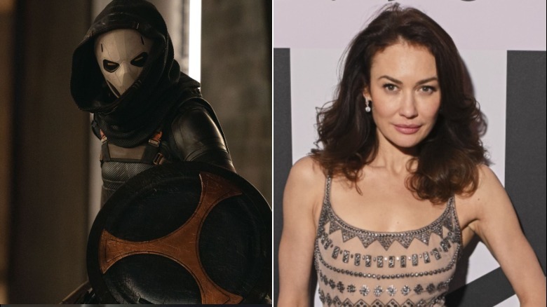 Olga Kurylenko as Taskmaster in "Thunderbolts" / Olga Kurylenko wearing a silver patterned gown with a flesh toned bodice with silver embellishments