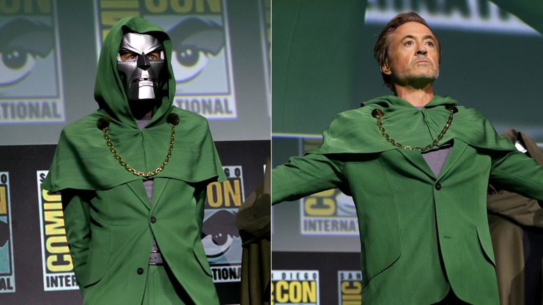 Robert Downey Jr. as Doctor Doom with a silver and black mask and green hooded cape / Robert Downey Jr. in his Doctor Doom green outfit without his mask