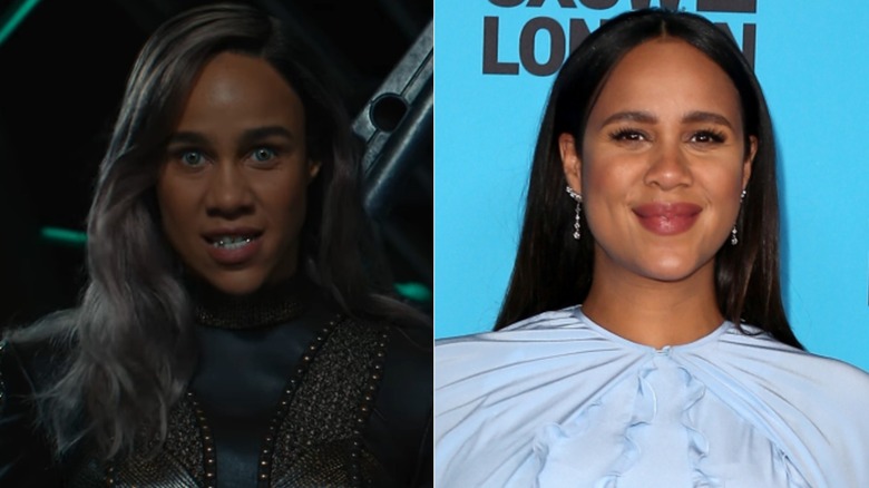 Zawe Ashton as Dar-Benn in "The Marvels" / Zawe Ashton wearing a blue feathered gown with a cape