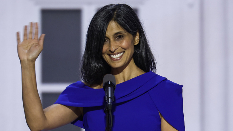 Usha Vance smiling and waving at the RNC
