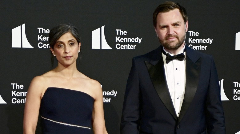 Usha and JD Vance posing on the red carpet
