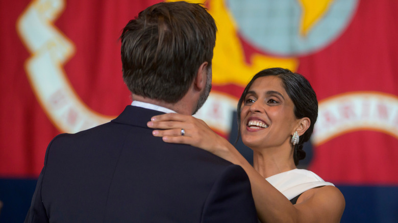 Usha Vance dancing with JD Vance, whose back is turned to the camera