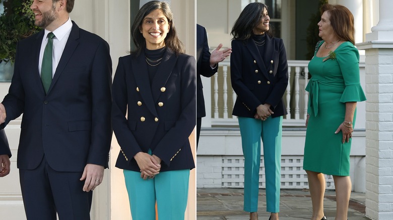 Usha Vance in teal green pants on St Patrick's Day