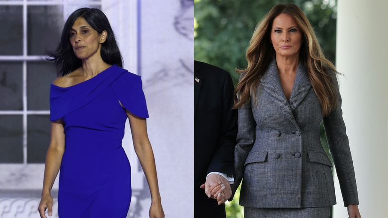 Split image of Usha Vance wearing blue dress and Melania Trump wearing gray blazer