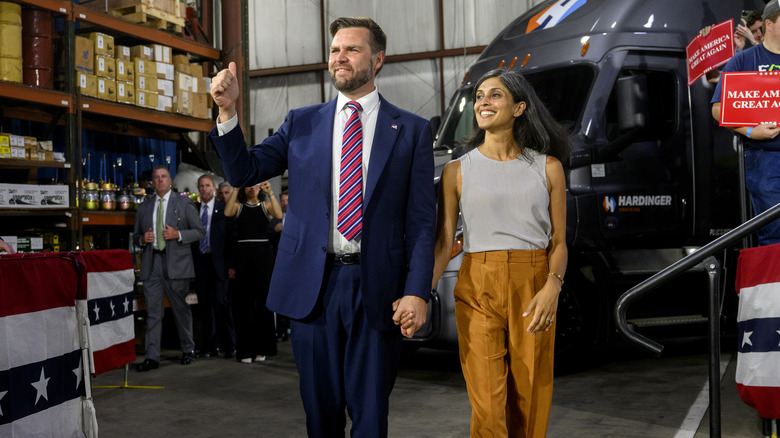 Usha Vance walks with JD Vance during 2024 rally