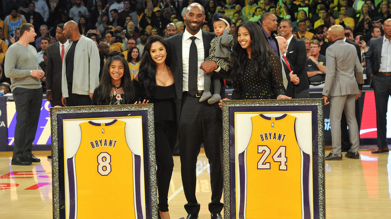 Kobe Bryant, wife Vanessa Bryant and daughters Gianna Maria Onore Bryant, Natalia Diamante Bryant and Bianka Bella Bryant attending Kobe Bryant's jersey retirement ceremony
