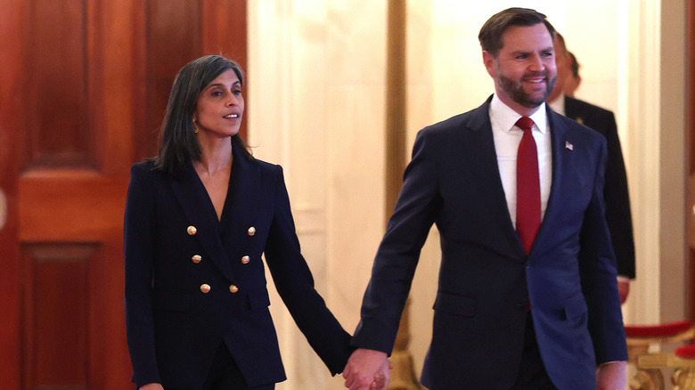 Vice President JD Vance and second lady Usha Vance arriving for the signing ceremony for the "Fostering the Future" executive order in the East Room