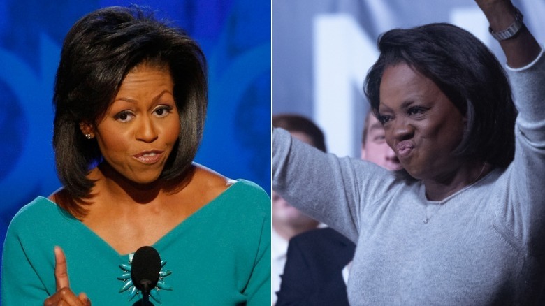 Michelle Obama and Viola Davis with lips pursed
