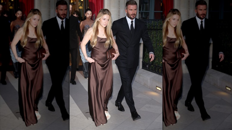 David Beckham and Harper Beckham leaving their hotel to head to the Victoria Beckham show during the Womenswear Fall/Winter 2025/2026 as part of Paris Fashion Week