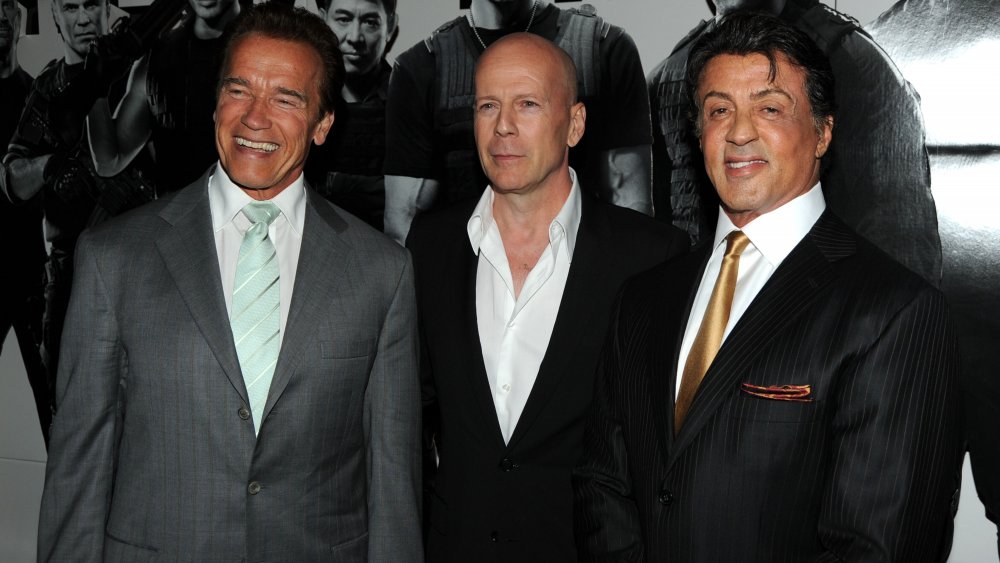 Arnold Schwarzenegger, Bruce Willis, and Sylvester Stallone at The Expendables premiere in 2010