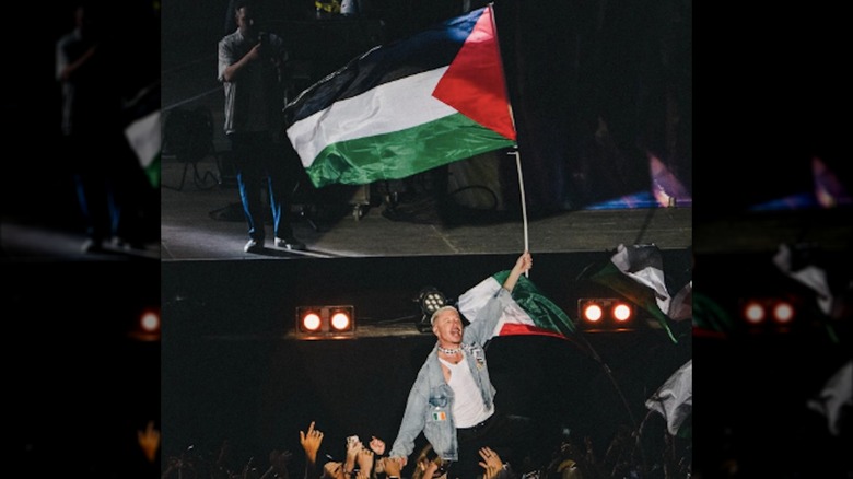 Macklemore hoisting a Palestinian flag during a concert