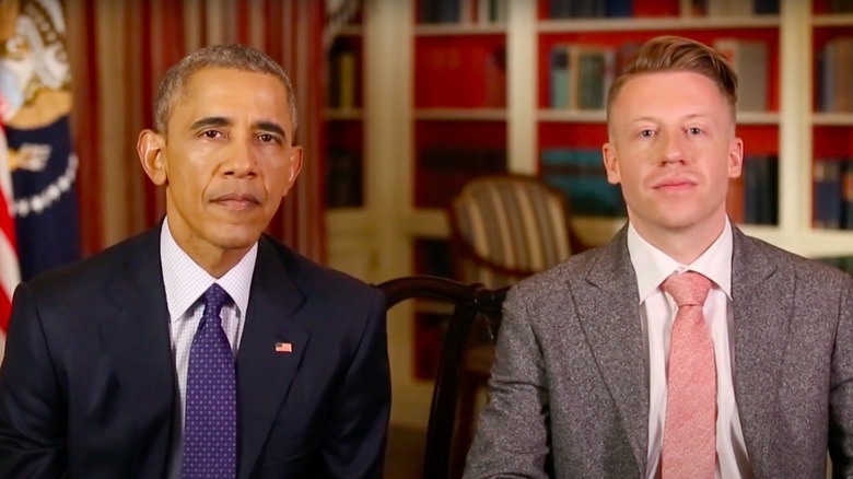 Barack Obama and Macklemore in a screenshot from their video presentation