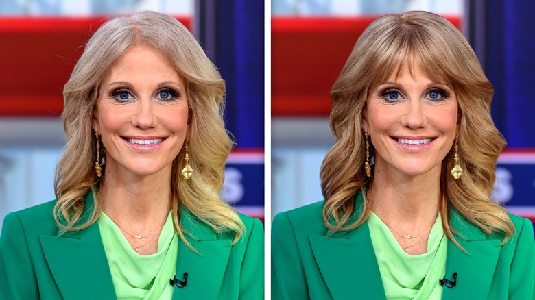 Split image of Kellyanne Conway with her real hair; and edited with bangs and darker lowlights.