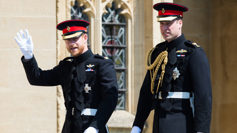 Prince Harry and Prince William walking to St. George's Chapel.