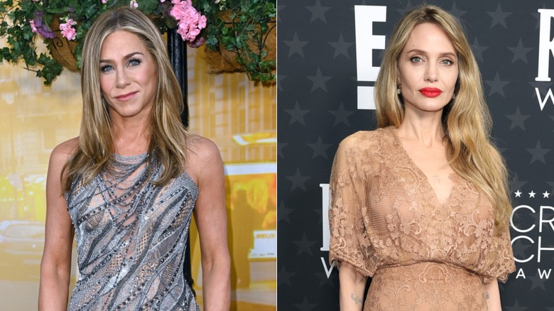 Jennifer Aniston wearing a silver strapless dress and Angelina Jolie wearing a blush-colored lace gown