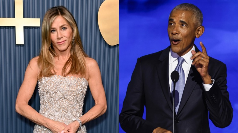 Jennifer Aniston wearing a strapless lace beaded gown and Barack Obama wearing a suit and tie