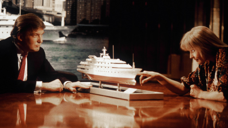 Donald Trump and Bo Derek filming boardroom scene Ghosts Can't Do It