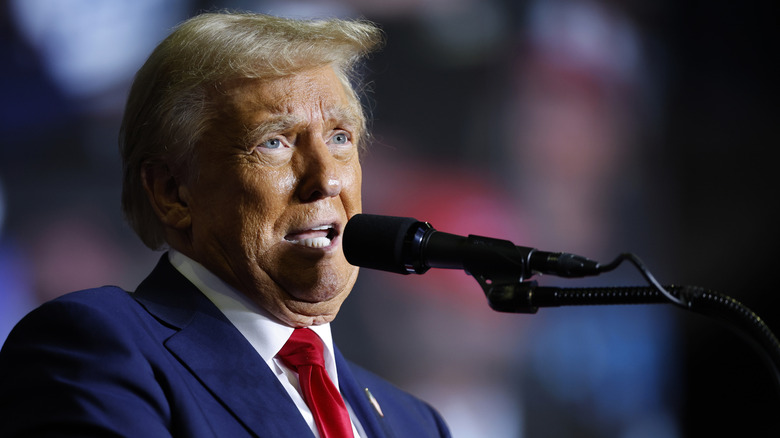 Donald Trump speaking at microphone during rally campaign rally at The PPL Center