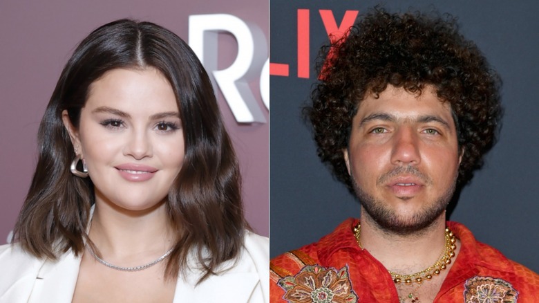 Split image of Selena Gomez and Benny Blanco in close-up