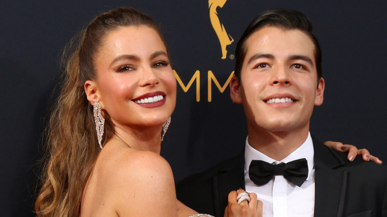 Sofia Vergara posing on red carpet with son Manolo Gonzalez