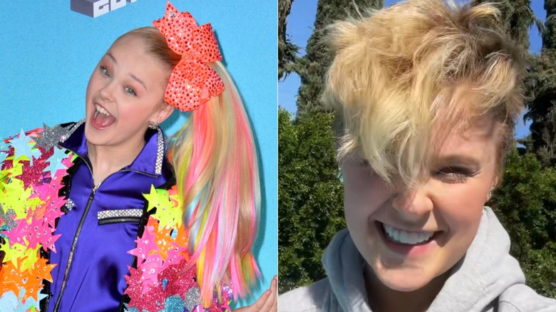 JoJo Siwa wearing a jacket with colorful stars and a long rainbow ponytail with a big orange bow; JoJo Siwa wearing a grey hoodie and short cropped blond hair while smiling
