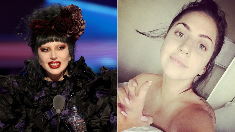 Lady Gaga wearing a black updo wig with dark floral accessory and a black lace coat and dress; Lady Gaga wearing her natural brown hair holding up her hand