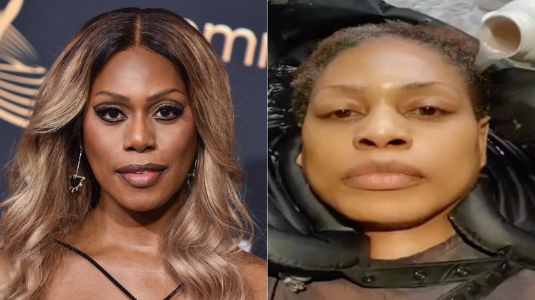 Laverne Cox on the red carpet with a brown and blond highlighted wig; Laverne Cox getting her natural hair washed in a salon basin