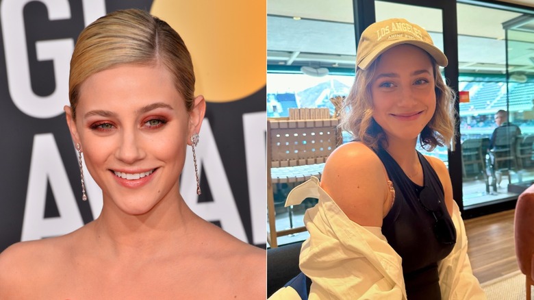 Lili Reinhart with her blonde hair slicked back in a bun while wearing a strapless dress and gold drop earrings; Lili Reinhart wearing her short wavy blonde hair down with a ball cap, black tank top and white overshirt