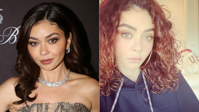 Sarah Hyland wearing a strapless lacy dress, silver jewelry, and sleek brown hair on the red carpet; Sarah Hyland wearing a hoodie, gold hoop earrings, and her curly natural brown hair
