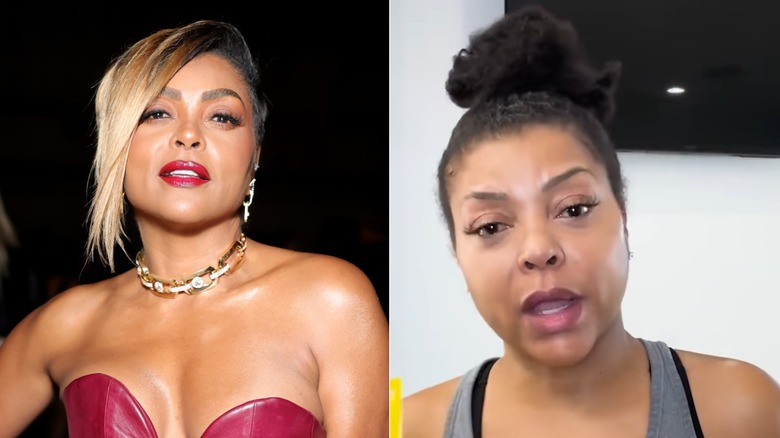 Taraji P. Henson wearing a strapless burgundy gown and a cropped blonde hairdo; Taraji P. Henson wearing a grey sports bra with her natural hair out