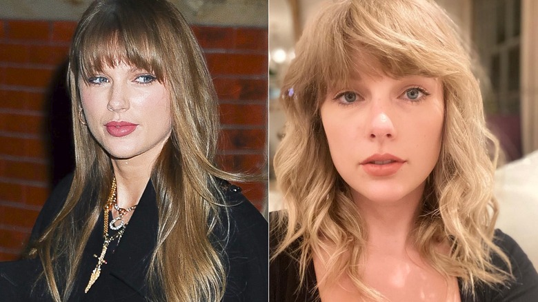 Taylor Swift with straight blond hair and bangs wearing a black blazer and necklaces; Taylor Swift with a natural face and wavy natural blond hair