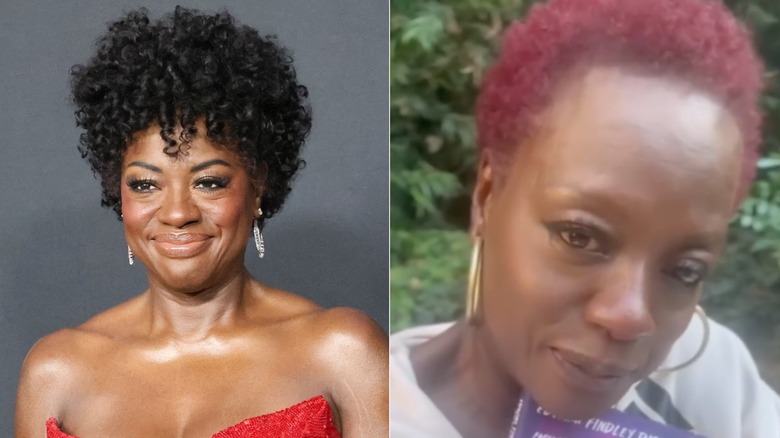 Viola Davis wearing a black fro wig and a strapless red gown; Viola Davis holding a book and wearing her natural hair dyed red with gold earrings