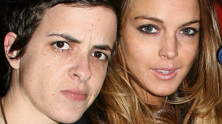 Samantha Ronson and Lindsay Lohan looking at camera
