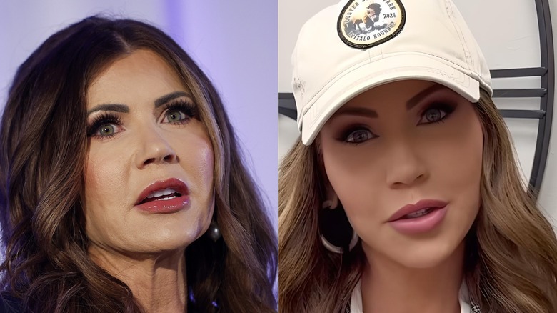 side-by-side of unfiltered and filtered photos of Kristi Noem