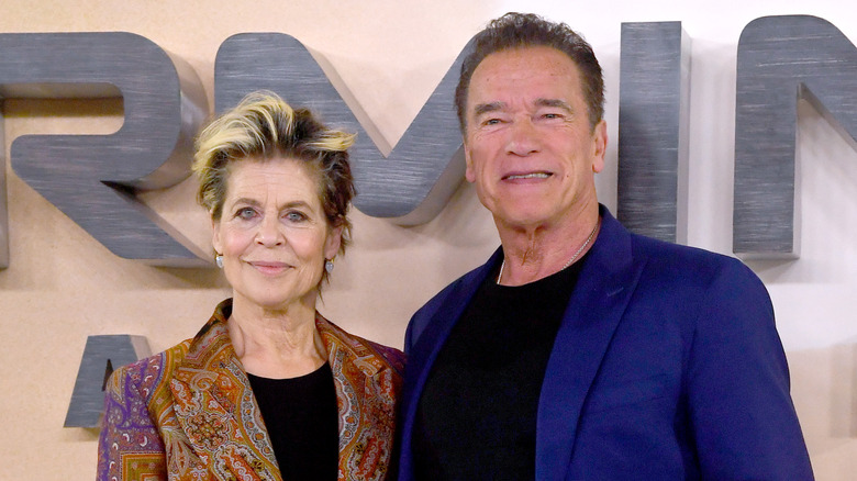 Linda Hamilton and Arnold Schwarzenegger smiling