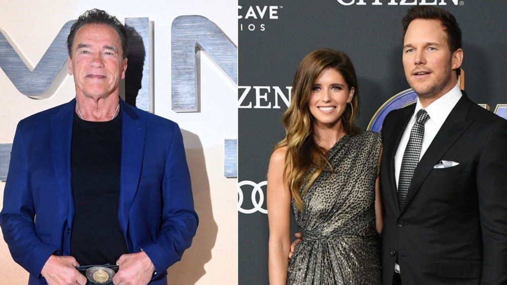 Arnold Schwarzenegger and Chris Pratt and Katherine Schwarzenegger on the red carpet