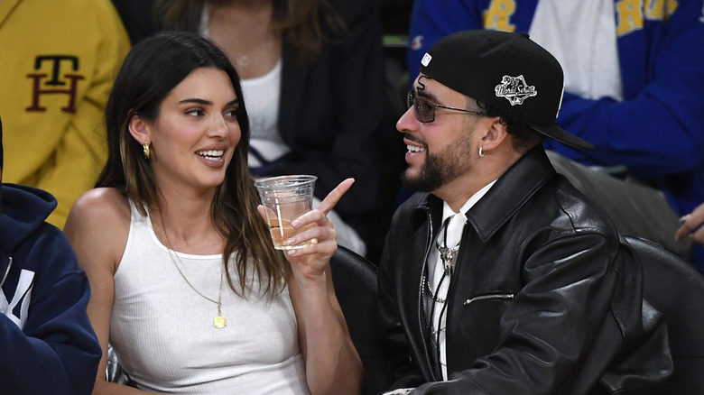 Bad Bunny and Kendall Jenner attend a basketball game in May 2023