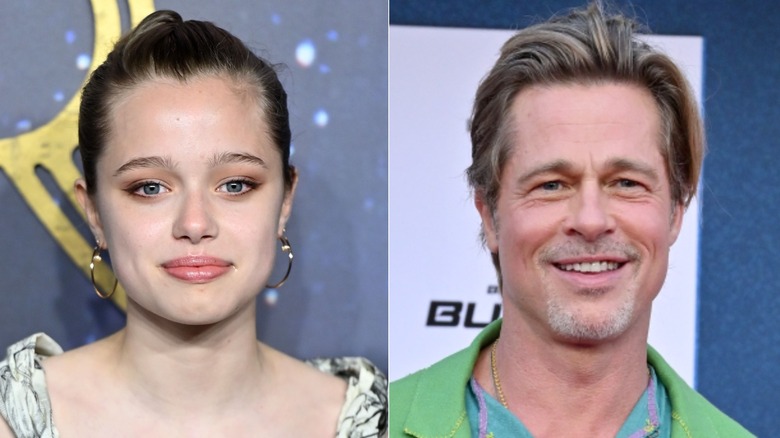 Shiloh Jolie-Pitt, left, and Brad Pitt, right