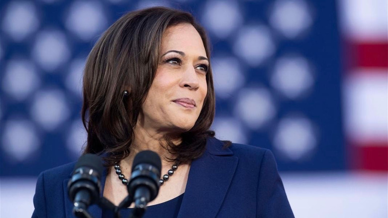 Kamala Harris looking to the side with slight smirk