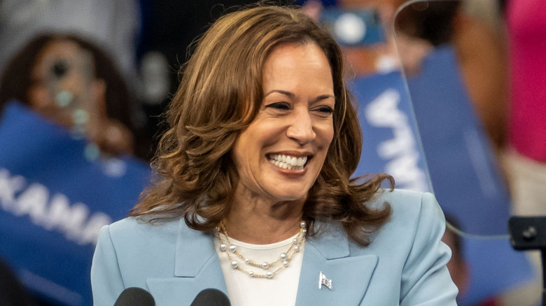 Kamala Harris looking to the side with slight smirk