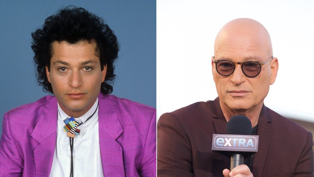 Howie Mandel with hair in purple blazer (left), Howie Mandel bald with microphone (right)