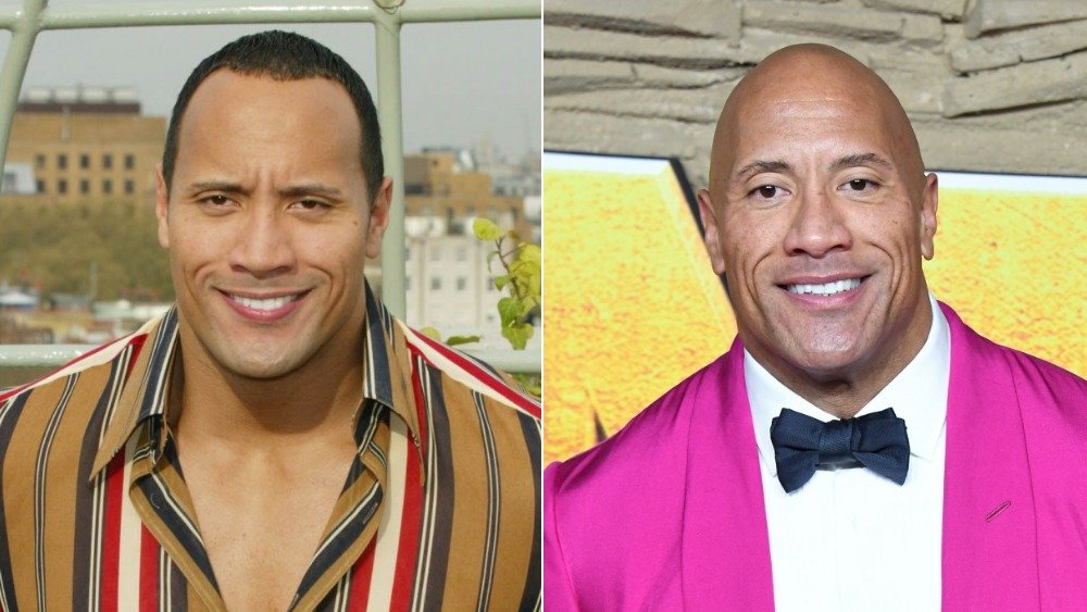 Dwayne 'The Rock' Johnson in a brown button up shirt and with hair (left), bald in a pink blazer (right)