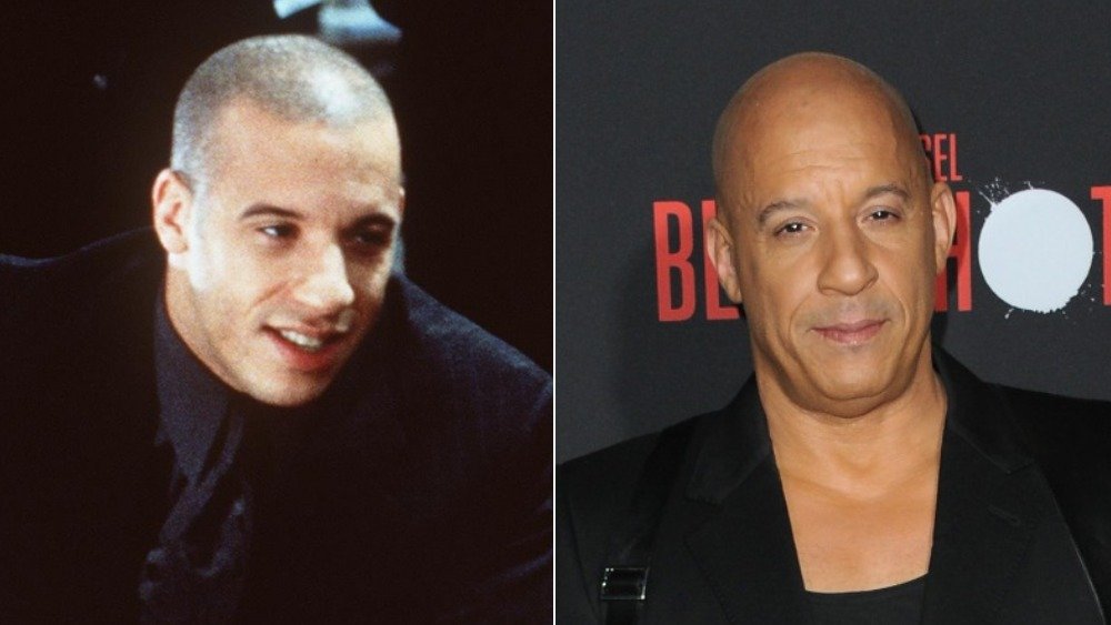 Vin Diesel young with very short hair (left), Vin Diesel present day (bald)