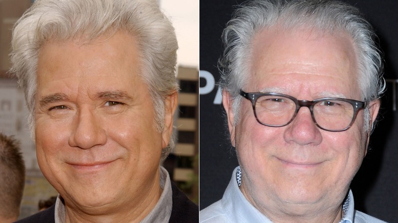 Split image of John Larroquette at the 2003-04 NBC upfront, left, and in the 2020s, right